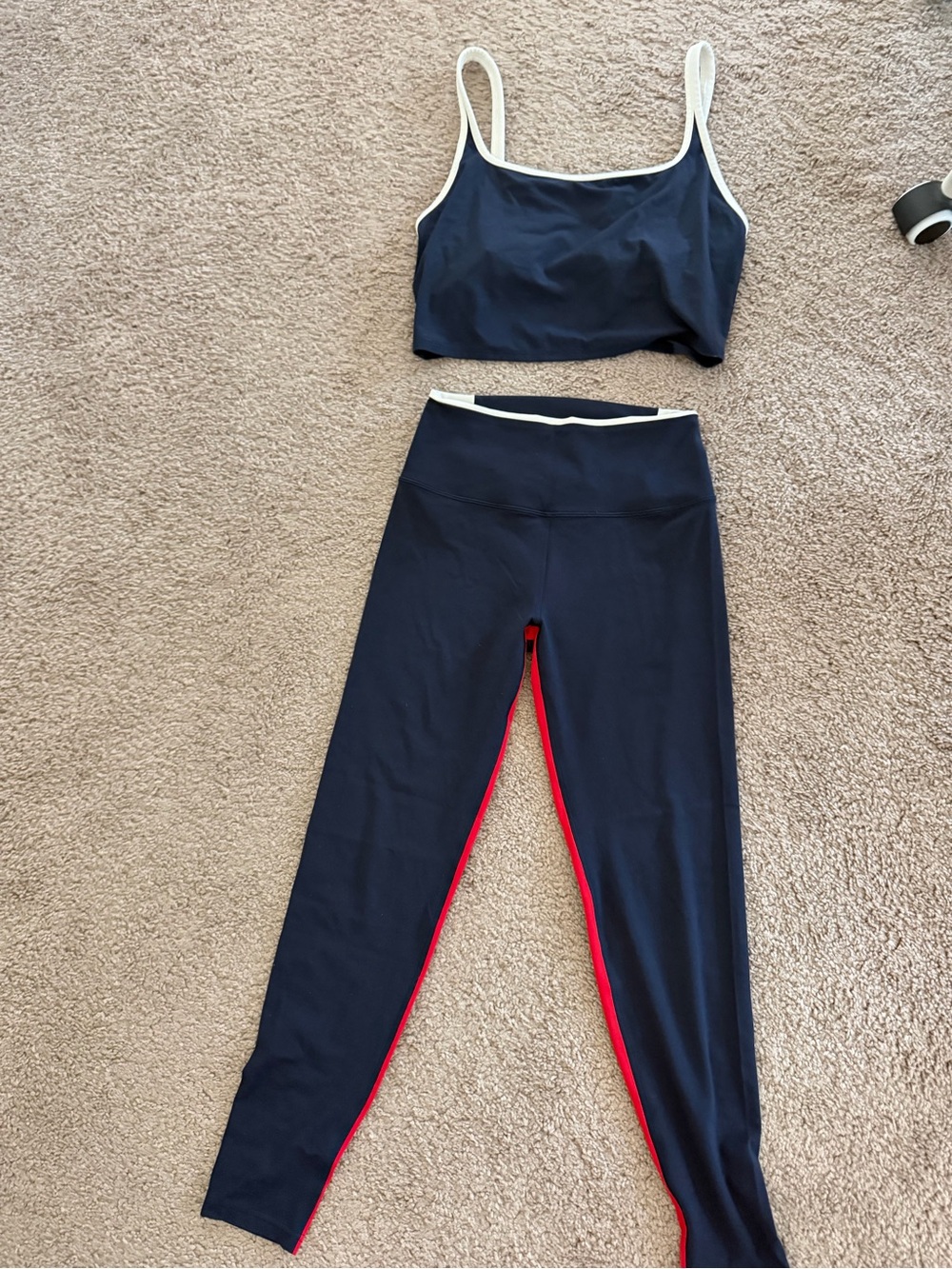 Splits59 Navy Leggings and Crop Tank Set with White Trim and Red Inner Seam